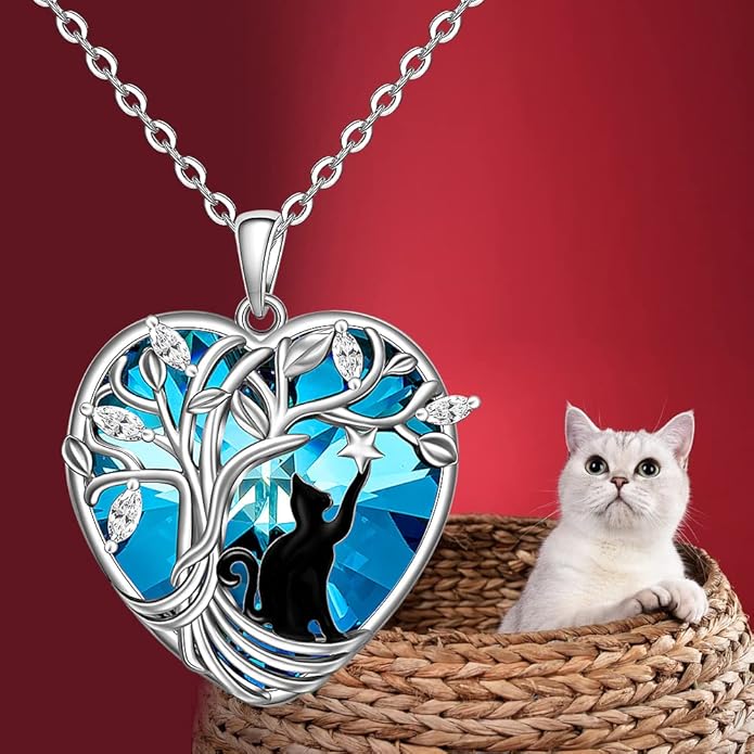 Black Cat Necklace for Women Sterling Silver Tree of Life Crystal Cat Pendant Necklace Heart Cats Jewelry Charms Friendship Memorial Valentines Christmas Gifts