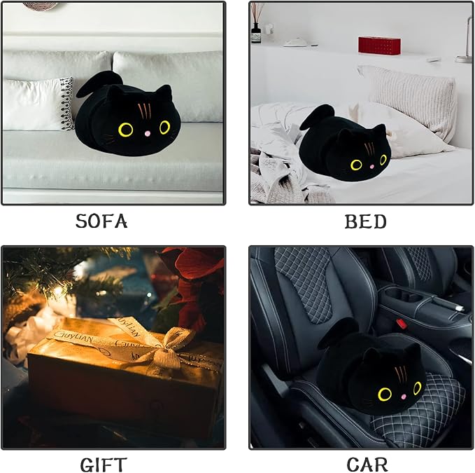 Black Cat Plush Pillow, Cat Stuffed Animal Plushies Lumbar Back Cushion, Cute Round Eyes Kitten Plush Doll Toy for Kids Home Decor Gift Boys Girls Birthday Valentines Christmas (13.8inch)