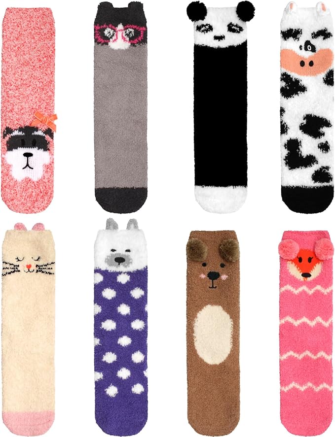 BambooMN Super Soft Warm Cute Furry Animal Non-Slip Fuzzy Cozy Fluffly Crew Winter Home Socks, Value Pack