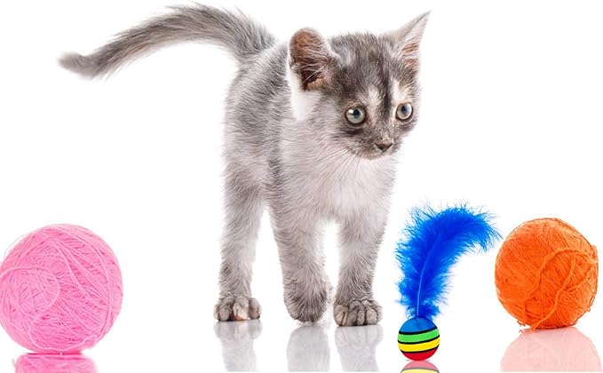 PET SHOW Pack of 5pcs 1.4” Cat Toys Balls Soft EVA Foam with Feathers Colorful Rainbow Toy Balls Interactive Kitten Cats Small Dogs Puppies Doggies Quiet Indoor Outdoor Play Activity Chase Training
