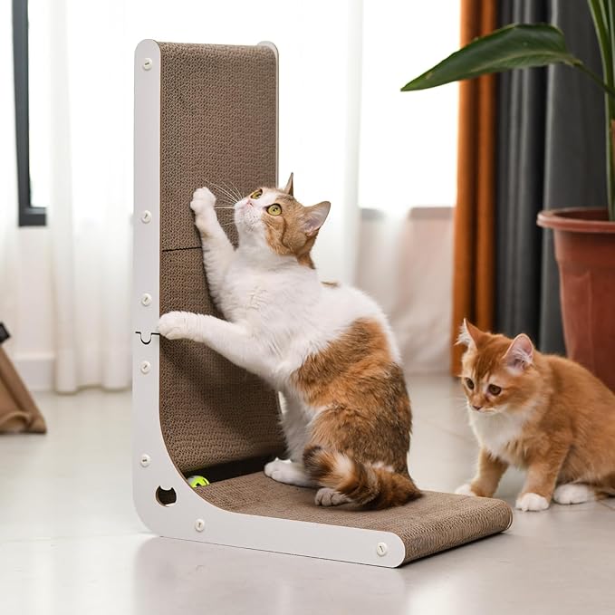 Cat Scratcher Cat Claw Board L-Shaped Vertical Simple and Durable Cat Claw Board Not Easy to Drop Scraps Belt Bell Ball Cat Scratching Board(White)