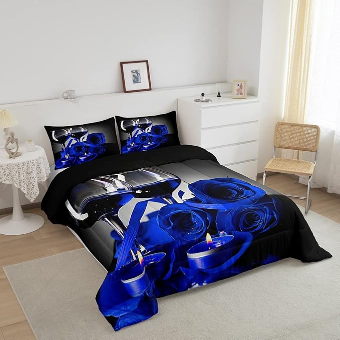 Blue Rose Comforter for Girls Boys Romantic 3D Rose Bedding Set King Wine Glass Blossom Floral Quilt Set Women Men Adult Gray Black Duvet Insert, Flower Petals Valentine's Day Bedding Comforter Sets