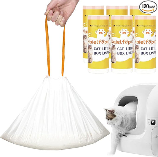 120 Count Cat Litter Box Liner Bags, 21" x 11" Disposable Automatic Cat Litter Waste Bags, Drawstring Heavy Duty Cat Litter Trash Bags Suit for PuraX PuraMax PuraMax2