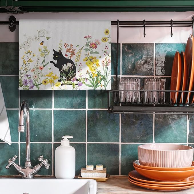 Cat Towel,Floral Kitchen Towels,Cat Kitchen Towels,Cat Dish Towels,Cat Hand Towel,Funny Kitchen Towels,Black Cat Gifts for Women,Cat Kitchen Accessories,Cat Lady Gifts,Gifts for Cat Lovers for Women