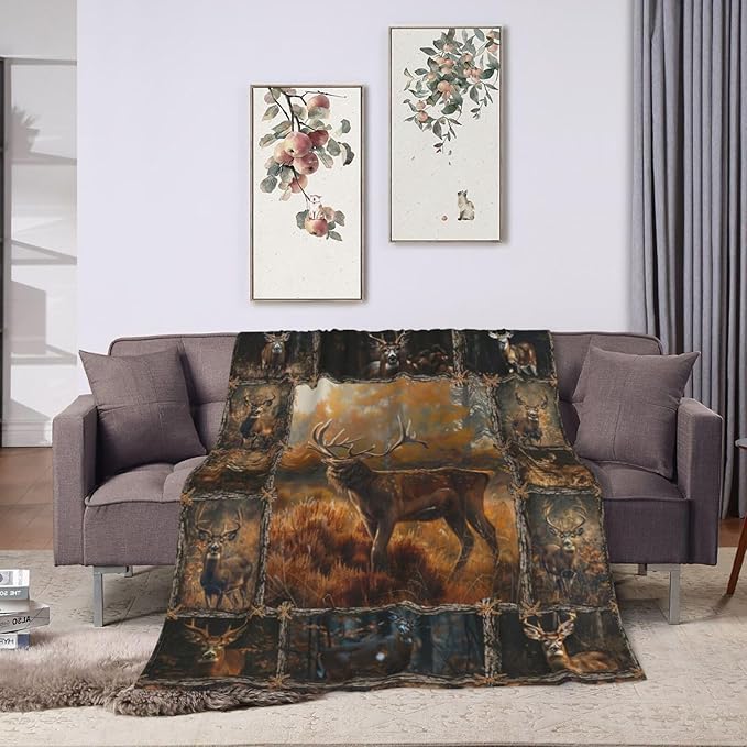 Wildlife Deer Blanket for Woman Retro Deer Throw Blanket Farmhouse Elk Decor Stuff Merch Cozy Flannel Fleece Fuzzy Soft Plush Lightweight Bedding Wild Animal Gifts for Girls Deer Lover Couch 50"X40"