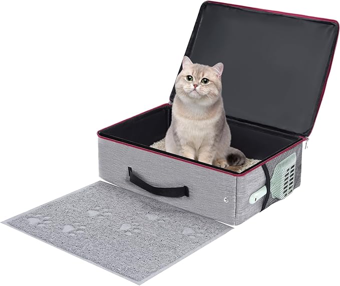 Avont Portable Travel Litter Box for Cats, Waterproof Leak-Proof Foldable Collapsible Kitty Box with Zipped Lid, Mat and Scoop, Easy to Carry Ideal for Hotels Cars -M