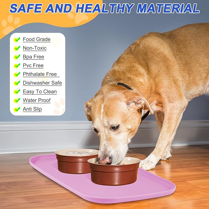 Silicone Pet Feeding Mat with Raised Edge for Food and Water, Dog Bowl Mats, Cat Bowls Placemat with High Lip for Floor Waterproof, Rubber Tray for Cats and Dogs 24 x 16 x0.8 Pink