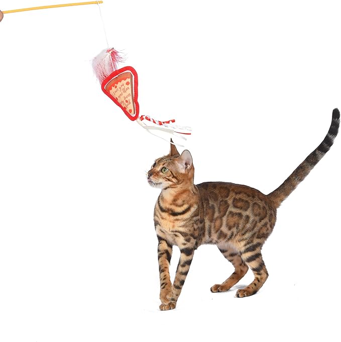 Cat Toy Joey Loves Pizza Catnip Wand, Catnip Inside | Friends for Pets | Interactive Toy for Cats, Dancing Teaser with Ribbons | Cat Exercise Toy with Feathers and Catnip