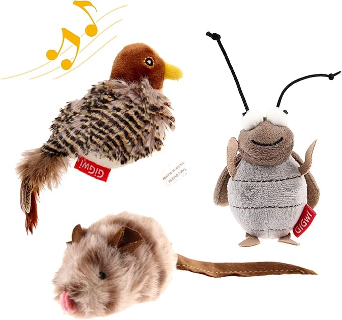 Gigwi Automatic Cat Toys Pack, Interactive Cat Toys Electronic Squeaky Animals Bird/Cricket/Mouse Sounds, Plush Toys for Cats to Play Alone, Play and Squeak Cat Toys for Indoor Cats Boredom,3 Pcs