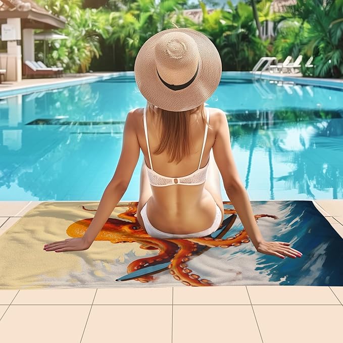 WZOMT Microfiber Octopus Beach Towel, Funny Octopus Surfing Ocean Animal Print Bath Towel for Kids Adults, Orange Blue Quick Dry Sandproof Towels for Swim/Travel/Pool, Oversized 32x52 Inch