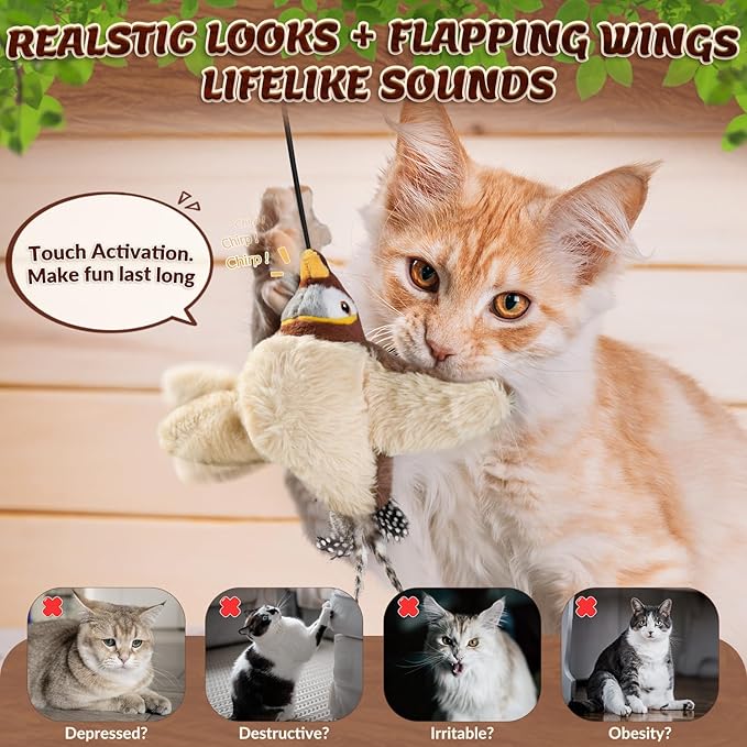 Lukovee Interactive Cat Toys Rechargeable - Touch Activated Flapping Sparrow Catnip Toys with Lifelike Chirping, Plus Bird Toy with Rope and Hooks for Indoor Kitten Kitty Exercise (Khaki)