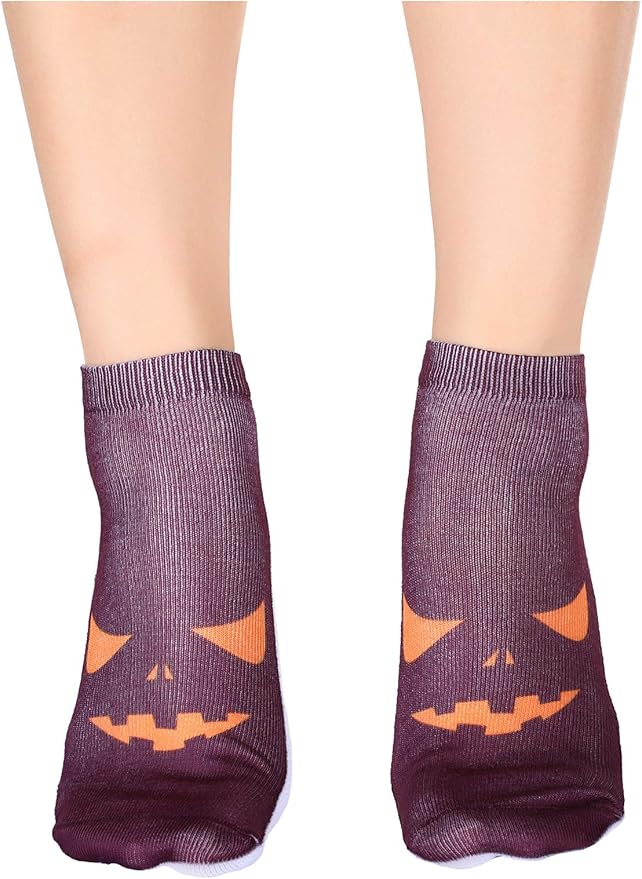 Boao 6 Pieces Christmas Socks 3D Print Short Casual Funny Halloween Pumpkin Cat Ankle Socks