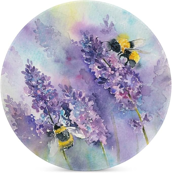 Bee Lavender Coasters for Drinks, Set of 4, 4 Inch Absorbent Diatomite Ceramics Coasters with Cork Base, Tabletop Protection, Suitable for Dining Tables, Desks, Restaurants, Cafes