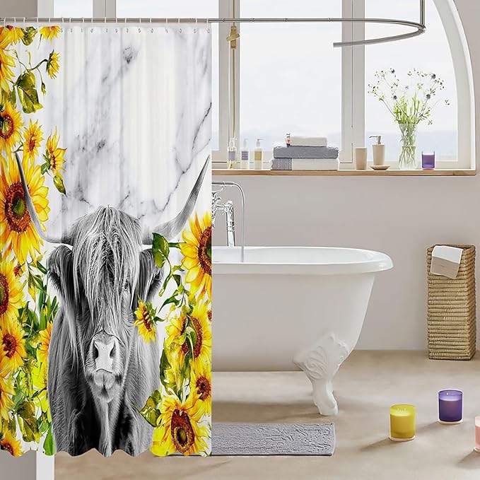 Highland Cattle Shower Curtain Girls Sunflower Highland Cow Marble Print Bathroom Shower Curtain Set Farm Animal Bath Curtain for Bathroom Sunflower Floral Bathroom Accessories Decorative 72"x84"