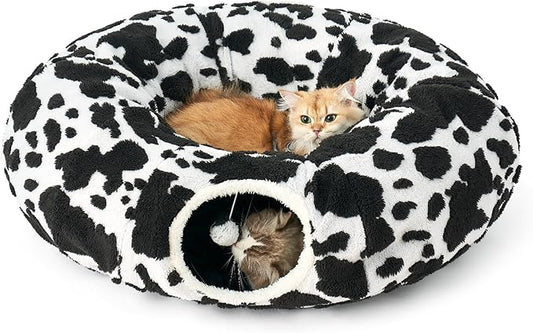 Cat Tunnel Bed for Indoor Cats - Cute Cat Donut Tunnel with Washable Circle Cushion, Round Pet Play Tunnel Toy for Kitten/Puppy/Rabbit,Black&White