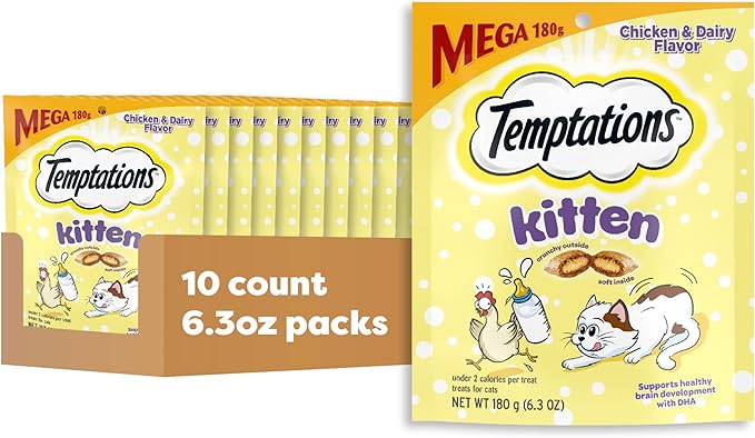 Temptations Kitten Crunchy and Soft Treats Chicken and Dairy Flavor, 6.3 oz. Pouch, (Pack of 10)