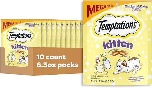 Temptations Kitten Crunchy and Soft Treats Chicken and Dairy Flavor, 6.3 oz. Pouch, (Pack of 10)