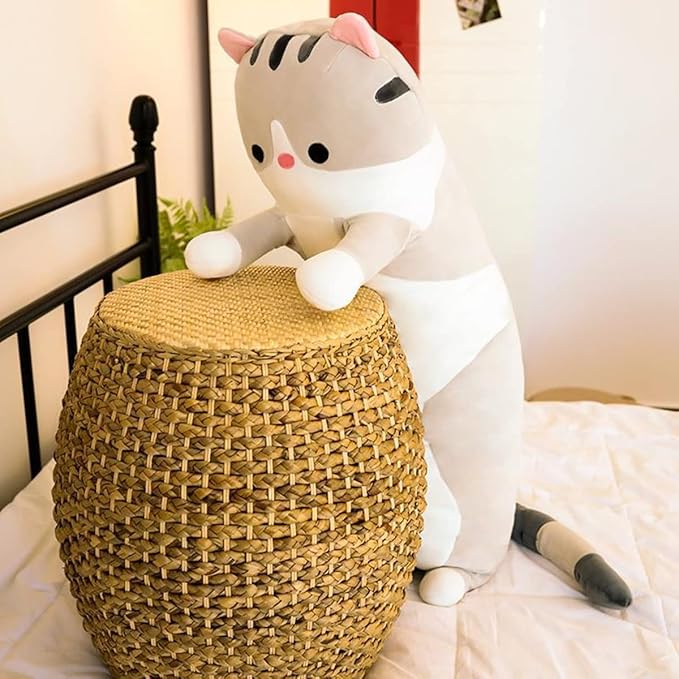 Long Gray Cat Plush Pillow Toy Sleeping Pillow Cute Cartoon Cat Stuffed Animals Soft Long Body Pillow Gift for Kids(35.43in)