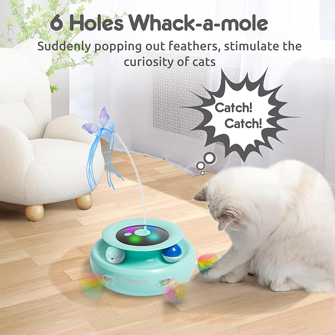 ORSDA Cat Toy, 3-in-1 Automatic Cat Toys for Indoor Cats, Electronic Whack a Mole, Fluttering Butterfly,Track Balls Kitten Toy, Rechargeable Power Interactive Feather Toys for All Breeds