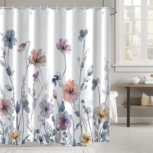 AWERT Watercolor Floral Shower Curtain with Hooks Pastel Wildflower Shower Curtain for Bathroom Waterproof Flower Printing Fabric Bathroom 72x72inch