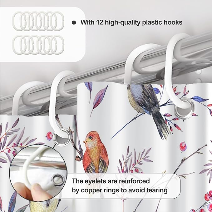 AWERT Bird Shower Curtain with Hooks Colorful Cheery Birds on Tree Branch Shower Curtain for Bathroom Waterproof Fabric Bathroom Accessories Bathtub Decor 72x72inch