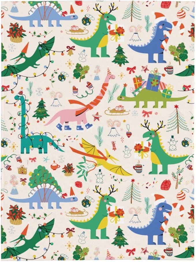 Kids Christmas Cute Dinosaur Print Blanket Throw 50"x40", Cozy Lightweight Plush Flannel Blanket, Soft Warm Decorative for Kids Women