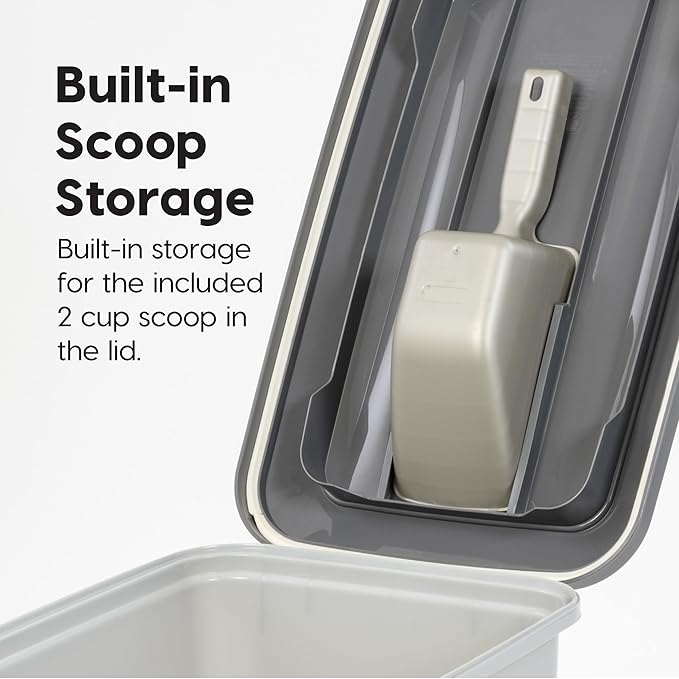 IRIS USA Dog Food Storage Container with Wheels, Airtight Lid, 2-Cup Scoop, Up to 30 Pounds Pet Food Storage, Built in Scoop Storage in Lid, Versatile Pet Food Bin, Portable, BPA Free, Gray/Dark Gray