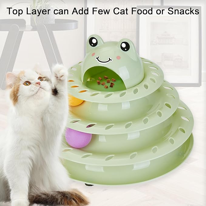Suhaco Interactive Cat Toys for Indoor Cats Fun Roller 4 Level Cat Tower with Cute Stickers Turntable Kittens Ball Teaser Toy (Green)
