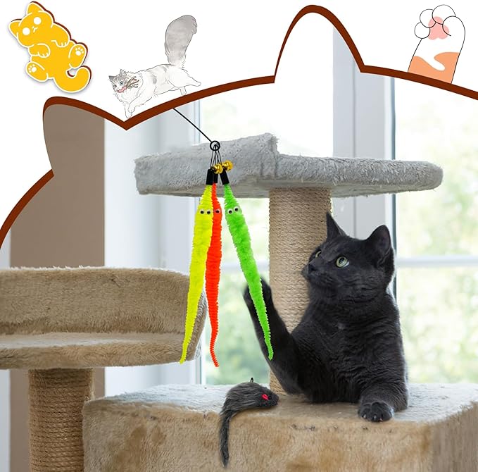 ROSAUI 14pcs Cat Feather Toys Refills Cat Wand Toy Replacement Colorful Worns Attachments, Cat Mouse Toys Refills, Cat Fishing Pole Toys for Indoor Kittens