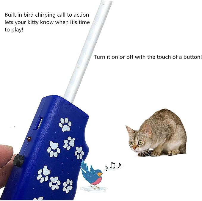 Pet Fit For Life Rechargeable Pet-Safe Combination LED Chaser and Cat Teaser Wand with Feather Toy and Interactive Squiggly Worm - Mimics Bird Chirping Sounds