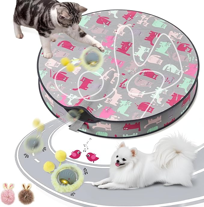Interactive Cat Toys for Indoor Cats Kitten Puppy, Automatic Motion Cat Toy in Pouch Fast Rolling Ball in Play Mat Hide and Seek Mouse Catching Game with Chirping Stimulation, LED Lights, Auto On/Off