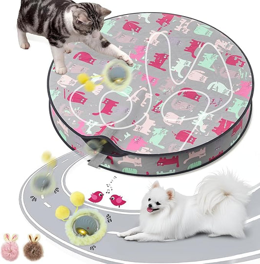 Interactive Cat Toys for Indoor Cats Kitten Puppy, Automatic Motion Cat Toy in Pouch Fast Rolling Ball in Play Mat Hide and Seek Mouse Catching Game with Chirping Stimulation, LED Lights, Auto On/Off