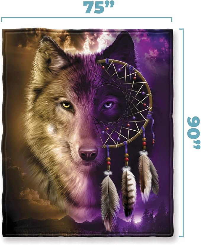 Dawhud Direct Dreamcatcher Wolf Fleece Blanket - 75x90 Inch Super Soft Plush Throw for Bed or Couch - King Size Wolf Blanket for Women, Men and Kids - Cozy Dreamcatcher Decor for Bedroom, Living Room