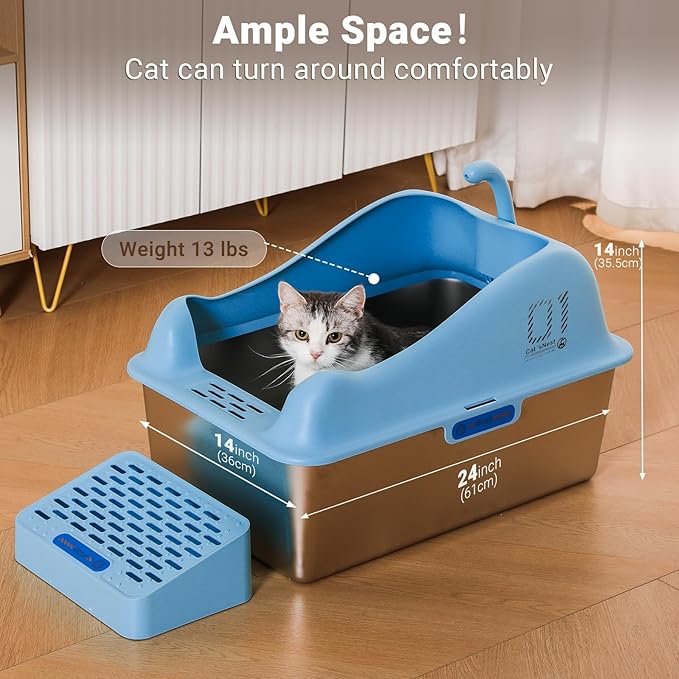 14" Deep Stainless Steel Litter Box, XXL Metal Litter Box with High Wall Sides Enclosure, Stainless Steel Litter Box with Lid, Never Absorbs Odors, Non-Sticky, Anti-Urine Leakage, Easy Cleaning-Blue