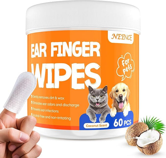 NEENCE Ear Finger Wipes for Dogs & Cats,Dog Ear Cleaner Finger Wipes, Soothing Cleansing Deodorizing Ear Care Wipes for Cat and Dog, Effectively Remove Ear Wax for Dogs & Cats(60Pcs, Coconut)