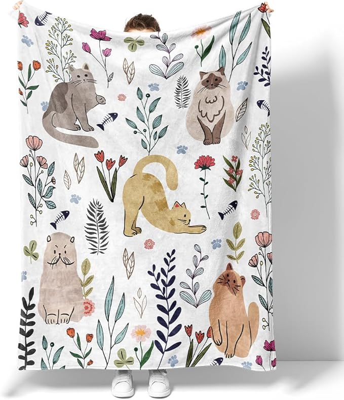 Cat Throw Blanket Floral Flower Throw Blankets Gift for Cat Lover Throw Blanket Cats Themed Flannel Cozy Fuzzy Plush Throw Blankets for Bed Chair Couch 60" X 80"