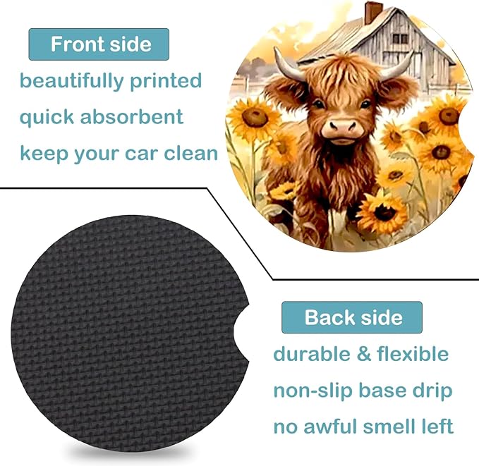 Car Coasters for Cup Holders,2 Pack Highland Cow Car Cup Holder Coasters,2.75" Universal Size Anti Slip Rubber Mat,Automotive Cup Holder Decor Accessories,Cow Print Gifts for Women,Men,Mom,Her