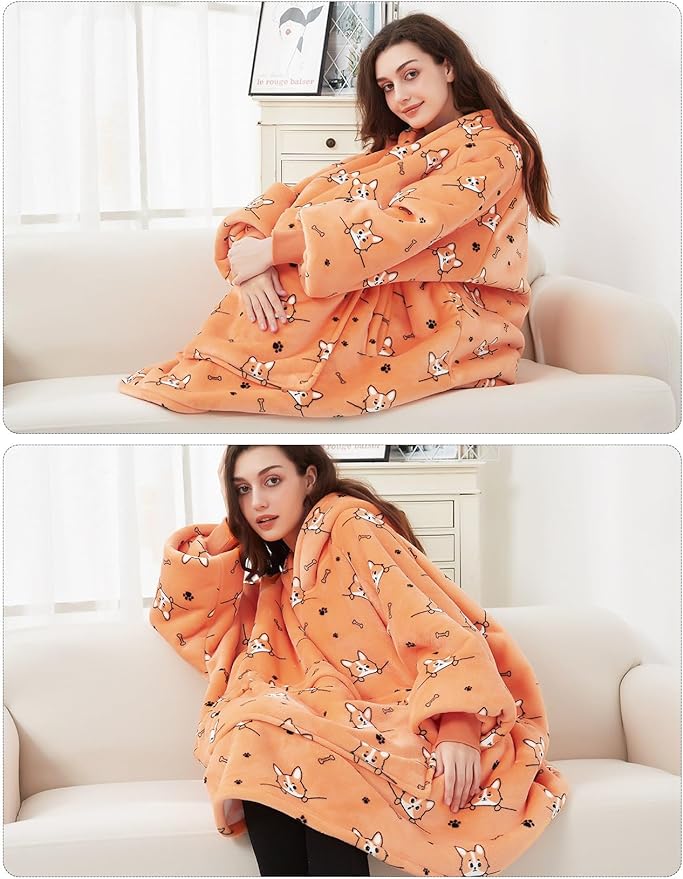 KFUBUO Wearable Blanket Hoodie for Adults Sherpa All Patterns Dog Oversized Sweatshirt Blanket with Pockets Cute Hoodies Gifts for Women