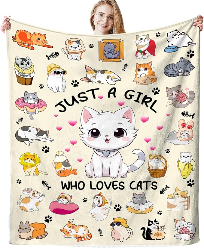 Cat Blanket Soft Cozy Warmth Flannel Cats Throw Blankets Just A Girl Who Loves Cat Blankets Bedding Decor for Cats Lover Girls Women Adults Gifts 50"x40"