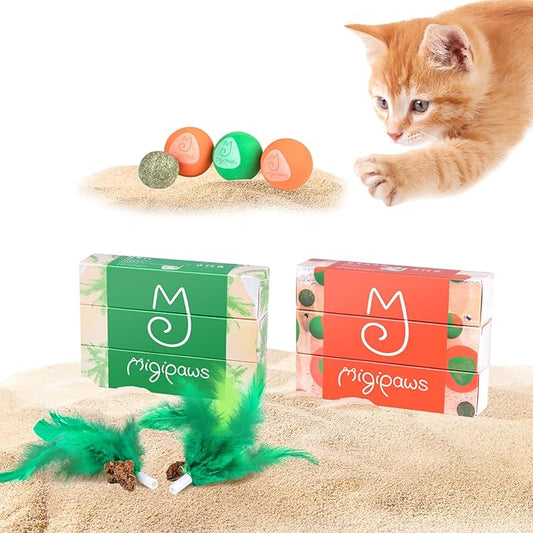 Migipaws Paw Palace Replacements,3 EVA Balls,1 Catnip Ball,2 Coconut Tree Teaser Pole Feather Accessories,Cat Ball Toys