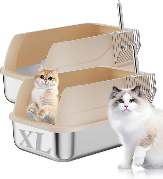 2 Pack Stainless Steel Cat Litter Box with Lid Enclosed Sides Extra Large Matel Litter Box for Big Cats XL Steel Litter Pan for Multiple Cats with Cat Litter Scoop Easy Cleaning
