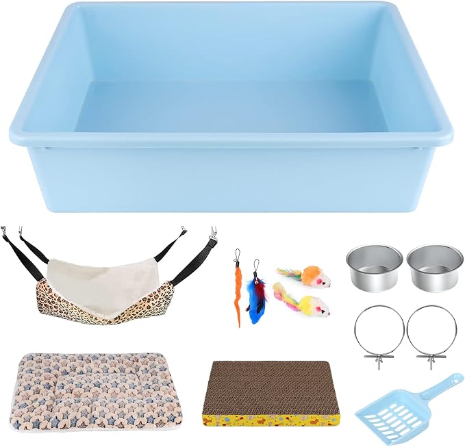 13pcs Kitten Litter Box Starter Kit for Cat Cage Indoor, Kitty Litter Box Low Entry & Cat Litter Scoop, Cat Hammock & Soft Bed Mat,Cat Scratching Pad,Stainelss Steel Food Bowl,Kitten Toys