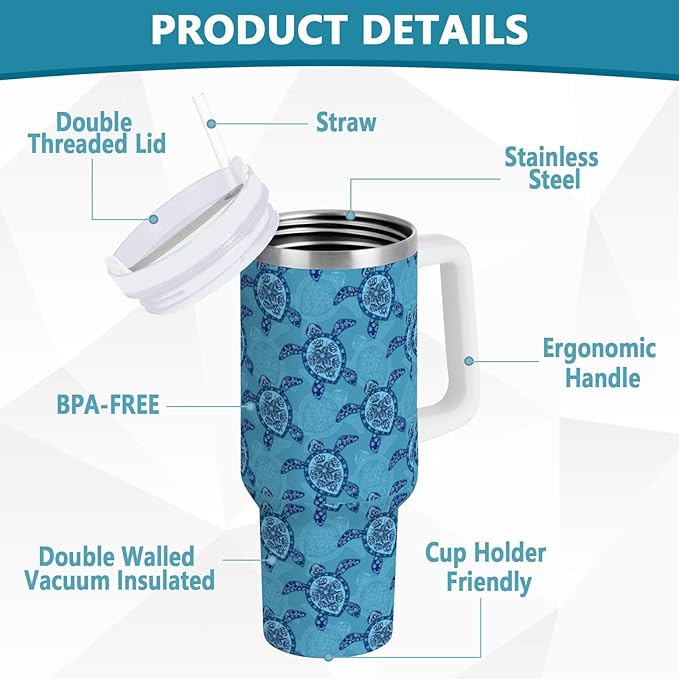 Boccsty Cute Blue Turtles Insulated Tumblers Ocean Sea Animal Reusable Stainless Steel Tumbler 40 oz Cup Coffee Travel Mug Water Bottle with Handle & Flip Straw for Home Office Car