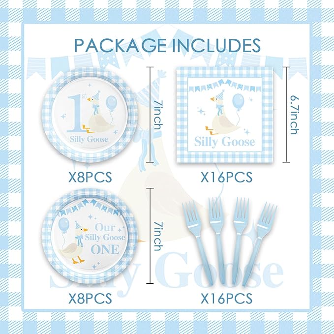 48Pcs One Silly Goose Birthday Decor Boy, Silly Goose 1st Happy Birthday Baby Shower Decorations with Blue Plates and Napkins Forks Set Party Supplies
