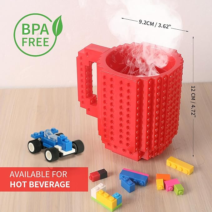 Build-on Brick Coffee Mug, Funny DIY Novelty Cup with Building Blocks Creative for Kids Men Women Xmas Birthday (Red)