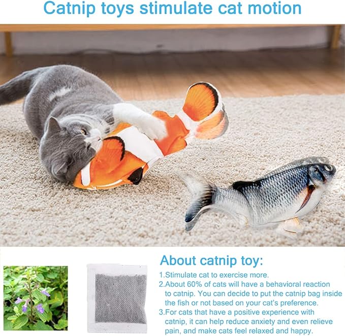 Interactive Cat Toys Flopping Fish with Catnip, Moving Cat Toys for Indoor Cats 2Pack, 11" Electric Automatic Cat Kicker Exercise Toy, Wiggle SilverVine Floppy Fish for Small Dogs, Kitten