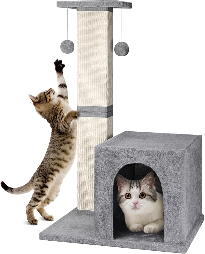 Cat Scratching Post,33-Inch Tall Scratching Posts for Indoor Cats Adults,Cat Tree with Modern Activity House,Heavy Duty Scratching Post with Jumping Platform,Grey