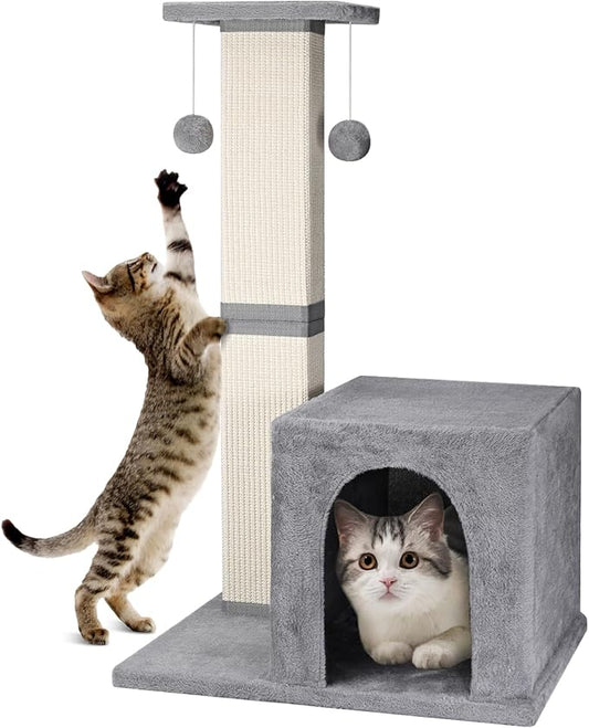 Cat Scratching Post,33-Inch Tall Scratching Posts for Indoor Cats Adults,Cat Tree with Modern Activity House,Heavy Duty Scratching Post with Jumping Platform,Grey