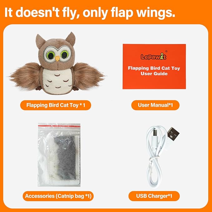 Cat Toys for Indoor Cats, Flapping Bird Cat Toy, Electric Simulated Chirping Bird Interactive Cat Toy with Flappy Wings, Rechargeable Touch Activated Cat Toys with Catnip and Feather - Owl