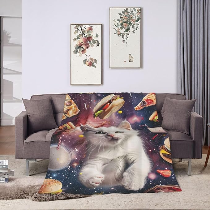 Funny Cats Blanket for Women Hamburgers Pizza Throw Blanket Cats Space Galaxy Stuff Decor Merch Cozy Flannel Lightweight Warm Soft Plush Fuzzy Bedding Cats Gifts for Men Girls Couch Bed 50"X40"